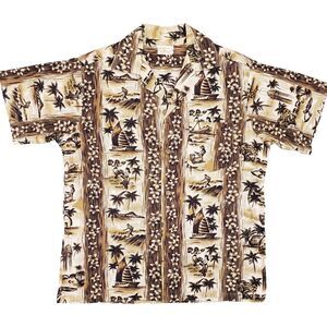 Vintage Fashions of Hawaii 1960s Aloha Shirt Mens Medium Tan Rayon Buttons
